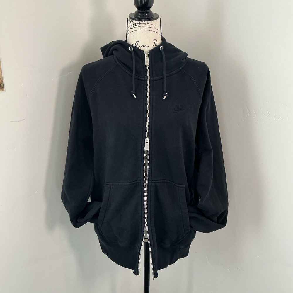 Nike Sportswear Full Zip Hoodie Black Raglan Sleeve Fleece Jacket Medium M Logo